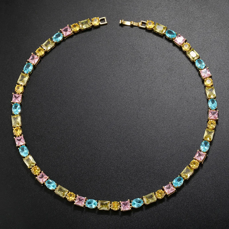 Luxury Women's Necklace Candy Color Geometric Zirconia Necklace/Bracelet Gold Plated Brass Vintage Jewelry Christmas Gift:VL232