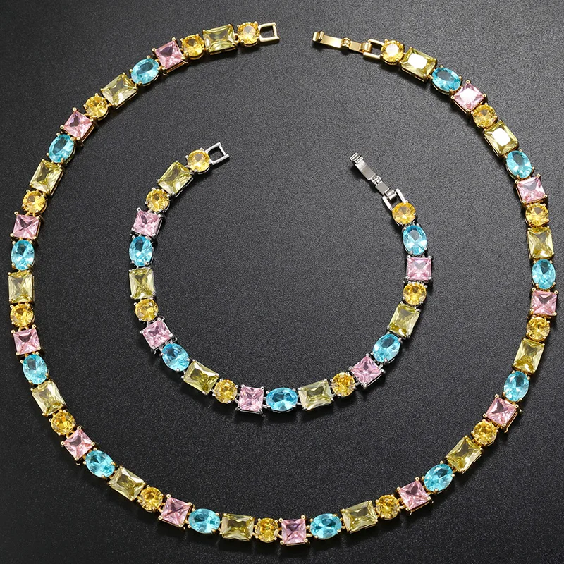Luxury Women's Necklace Candy Color Geometric Zirconia Necklace/Bracelet Gold Plated Brass Vintage Jewelry Christmas Gift:VL232