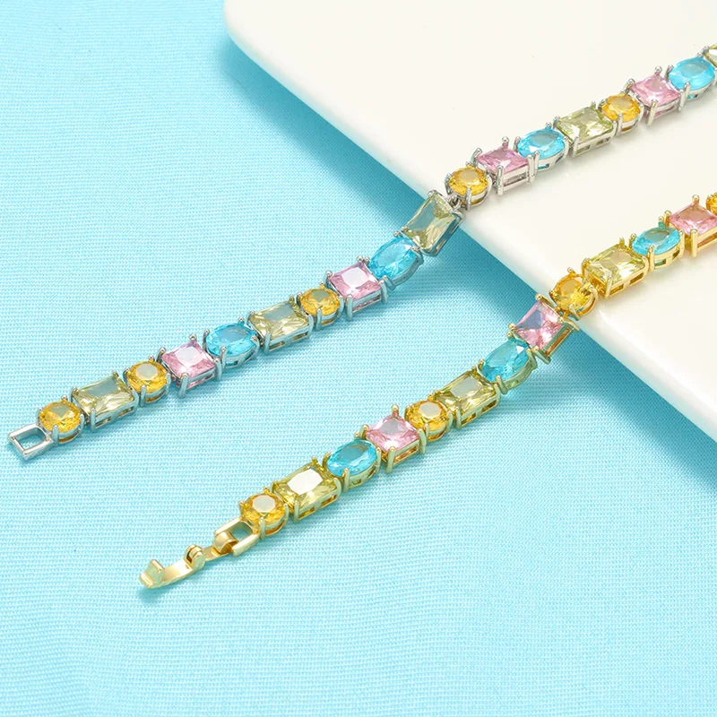 Luxury Women's Necklace Candy Color Geometric Zirconia Necklace/Bracelet Gold Plated Brass Vintage Jewelry Christmas Gift:VL232
