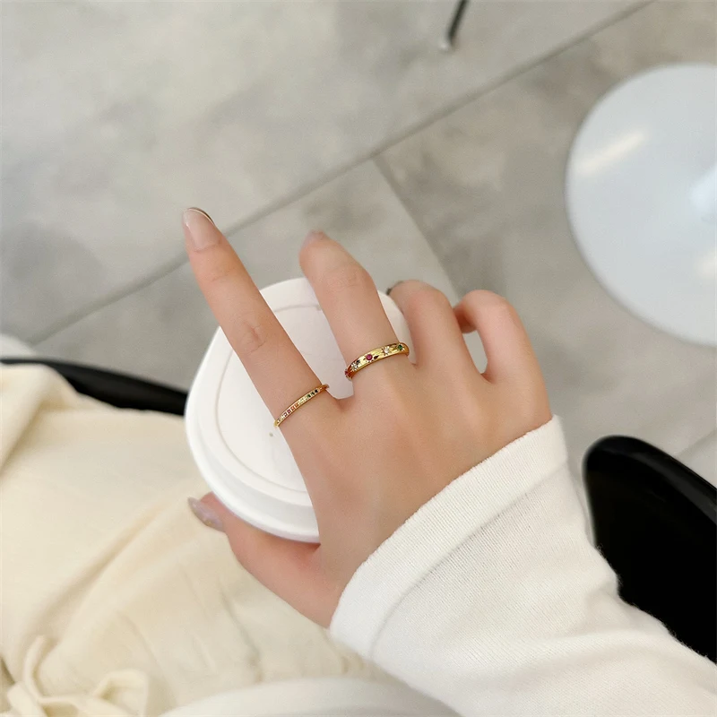 INS Stainless Steel Rainbow Color Cubic Zircon Stone Finger Rings for Women Gold Plated Waterproof Stacker Ring Jewelry Gift