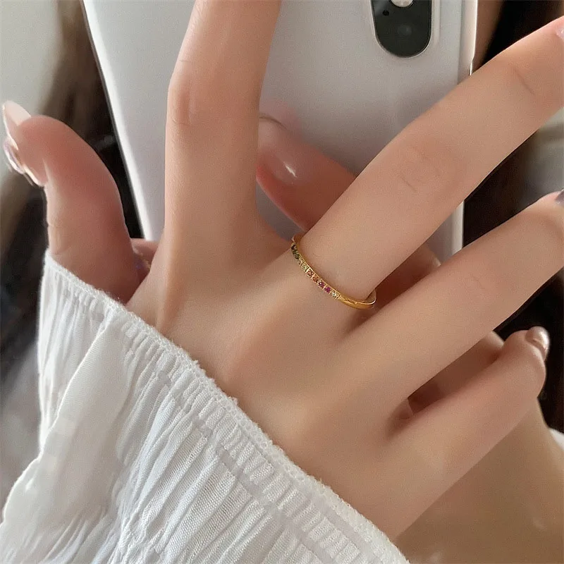 INS Stainless Steel Rainbow Color Cubic Zircon Stone Finger Rings for Women Gold Plated Waterproof Stacker Ring Jewelry Gift