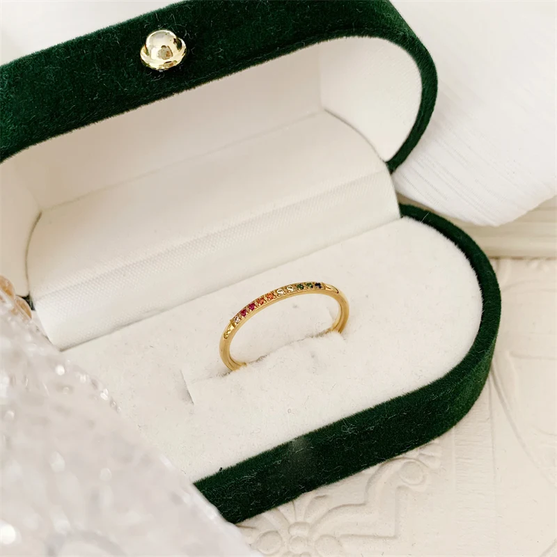 INS Stainless Steel Rainbow Color Cubic Zircon Stone Finger Rings for Women Gold Plated Waterproof Stacker Ring Jewelry Gift