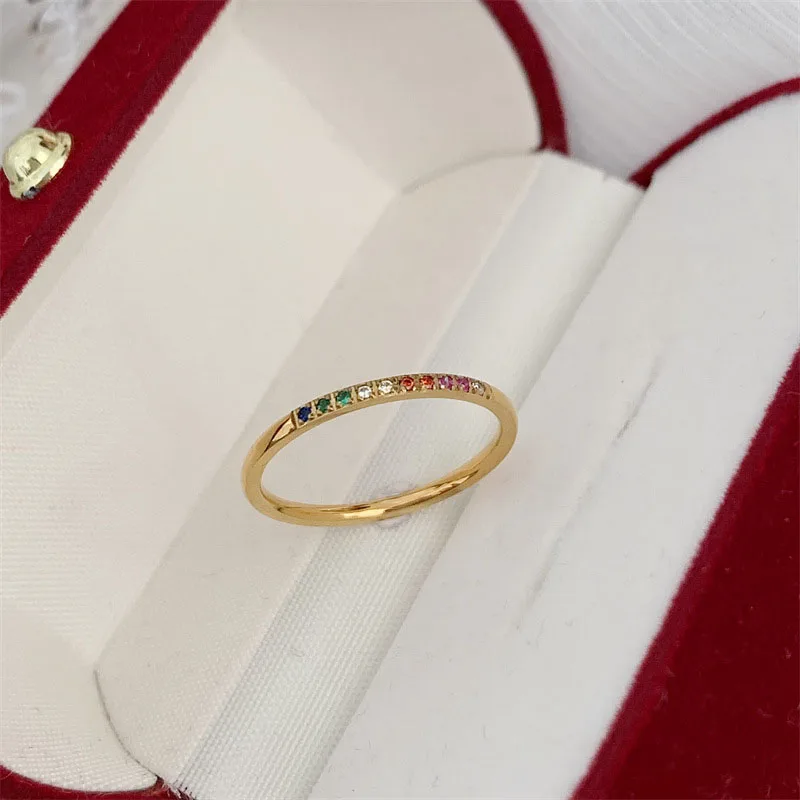 INS Stainless Steel Rainbow Color Cubic Zircon Stone Finger Rings for Women Gold Plated Waterproof Stacker Ring Jewelry Gift