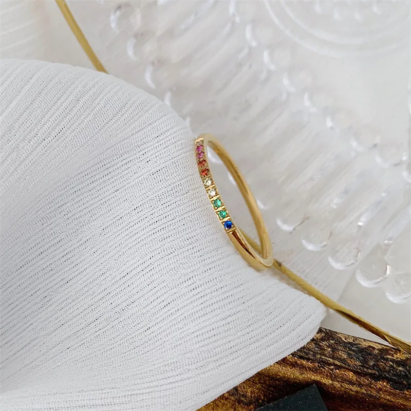 INS Stainless Steel Rainbow Color Cubic Zircon Stone Finger Rings for Women Gold Plated Waterproof Stacker Ring Jewelry Gift