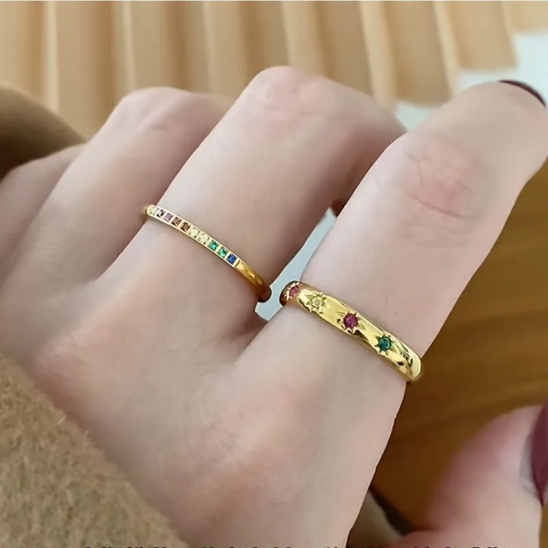 INS Stainless Steel Rainbow Color Cubic Zircon Stone Finger Rings for Women Gold Plated Waterproof Stacker Ring Jewelry Gift