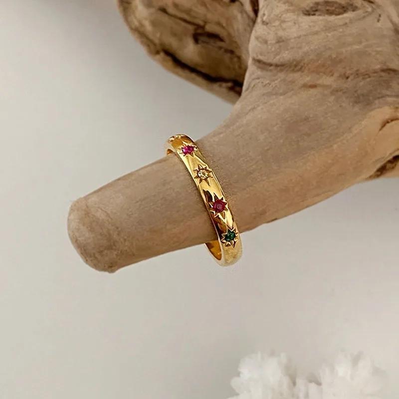 INS Stainless Steel Rainbow Color Cubic Zircon Stone Finger Rings for Women Gold Plated Waterproof Stacker Ring Jewelry Gift