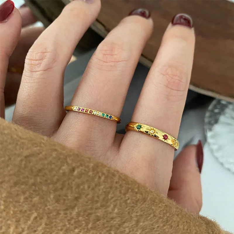 INS Stainless Steel Rainbow Color Cubic Zircon Stone Finger Rings for Women Gold Plated Waterproof Stacker Ring Jewelry Gift