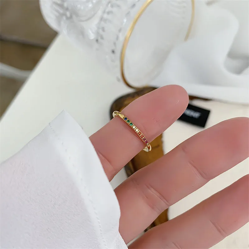 INS Stainless Steel Rainbow Color Cubic Zircon Stone Finger Rings for Women Gold Plated Waterproof Stacker Ring Jewelry Gift