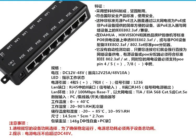 POE Injector 4Ports 8Ports POE Splitter for CCTV Network POE Camera Power Over Ethernet IEEE802.3af 12V-48V Wireless AP