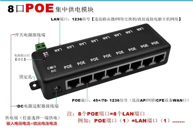 POE Injector 4Ports 8Ports POE Splitter for CCTV Network POE Camera Power Over Ethernet IEEE802.3af 12V-48V Wireless AP