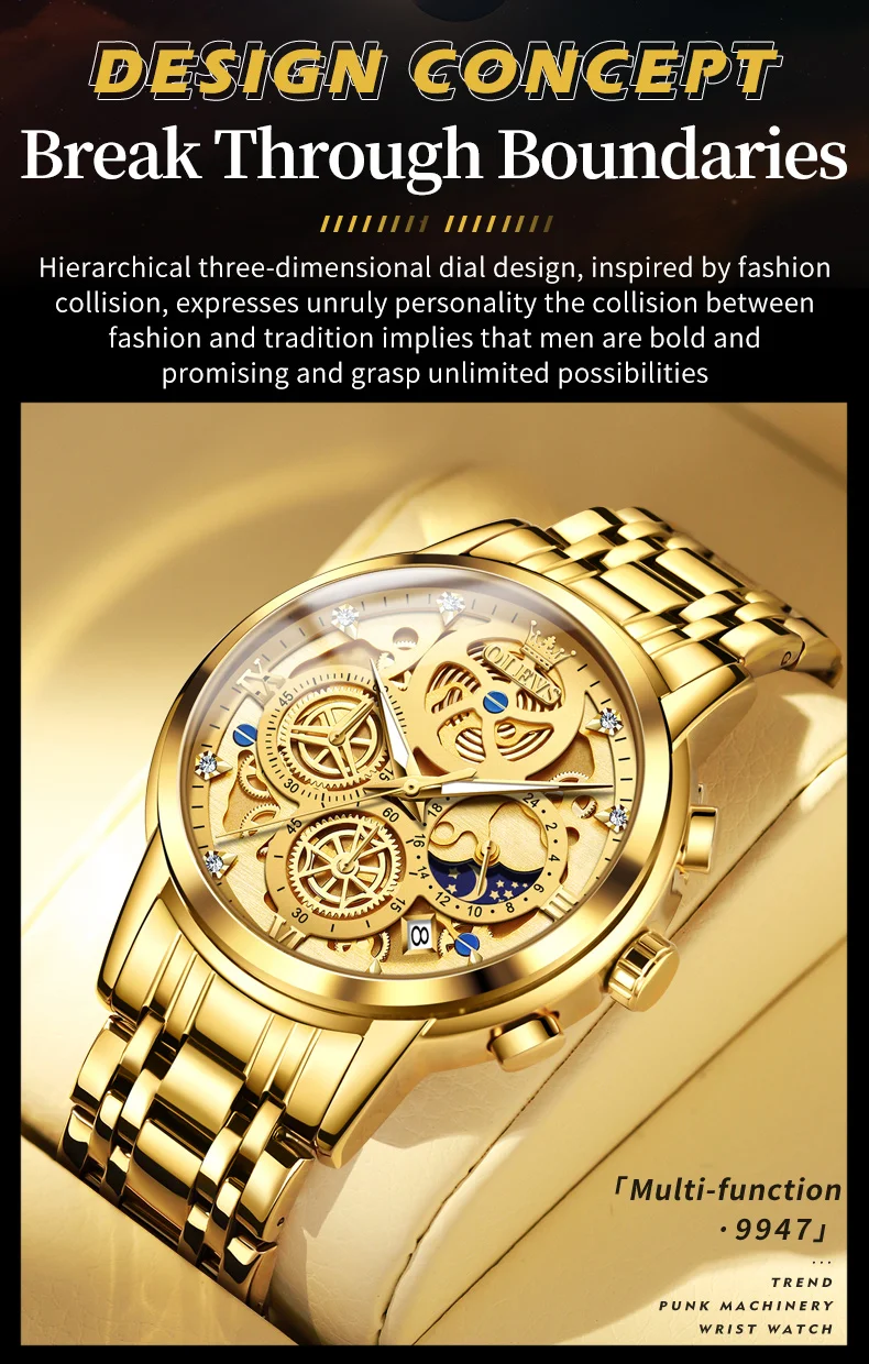OLEVS 9947 Men's Watches Top Brand Luxury Original Waterproof Quartz Watch for Man Gold Skeleton Style 24 Hour Day Night New