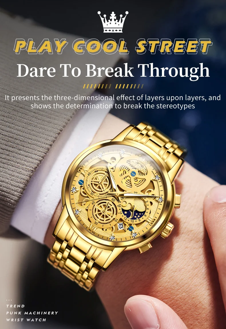 OLEVS 9947 Men's Watches Top Brand Luxury Original Waterproof Quartz Watch for Man Gold Skeleton Style 24 Hour Day Night New