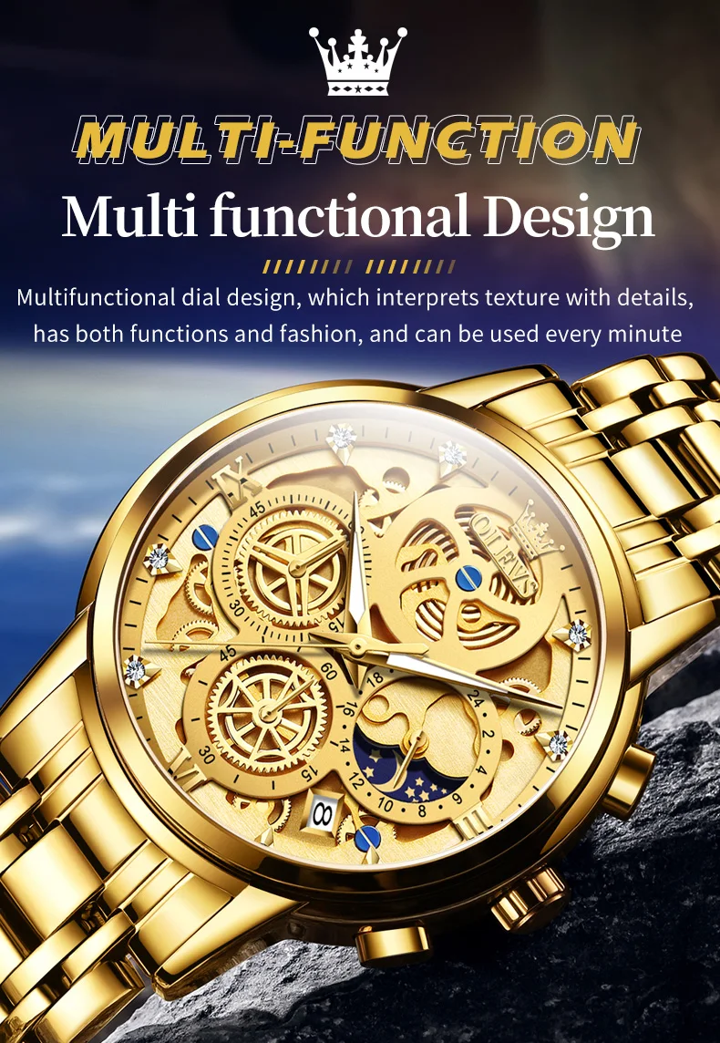 OLEVS 9947 Men's Watches Top Brand Luxury Original Waterproof Quartz Watch for Man Gold Skeleton Style 24 Hour Day Night New