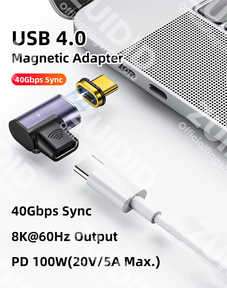 Elbow USB4 40Gbps Magnetic Adapter USB C To Type C 100W Fast Charging Magnet Converter Thunderbolt3 8K@60Hz USB Type C Adapter