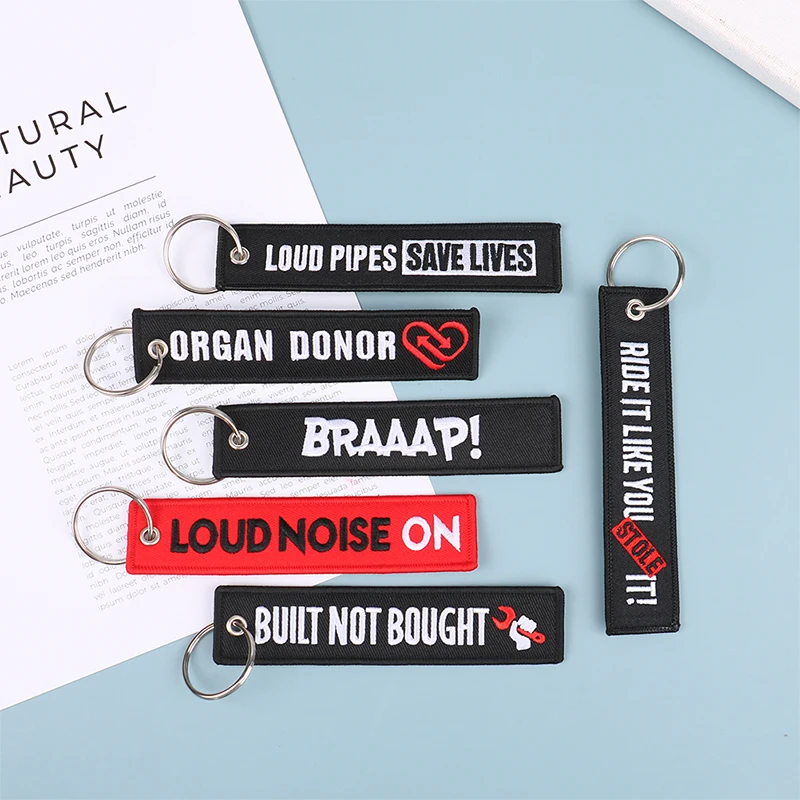 Motorcycle Keychain Car Embroidery Key Chain Gifts Tag Key Fobs Holder Loud Noise Loud Pipes Team Save Lives Keychain