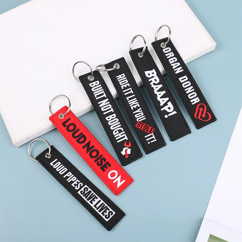 Motorcycle Keychain Car Embroidery Key Chain Gifts Tag Key Fobs Holder Loud Noise Loud Pipes Team Save Lives Keychain