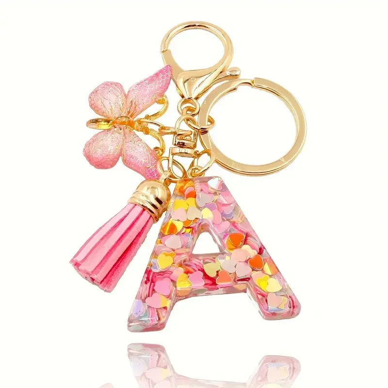 Charms 26 Letter Keychain Butterfly Resin Acrylic leather Tassels key Chain For Women Girl Friend Gift Jewelry DIY Accessories