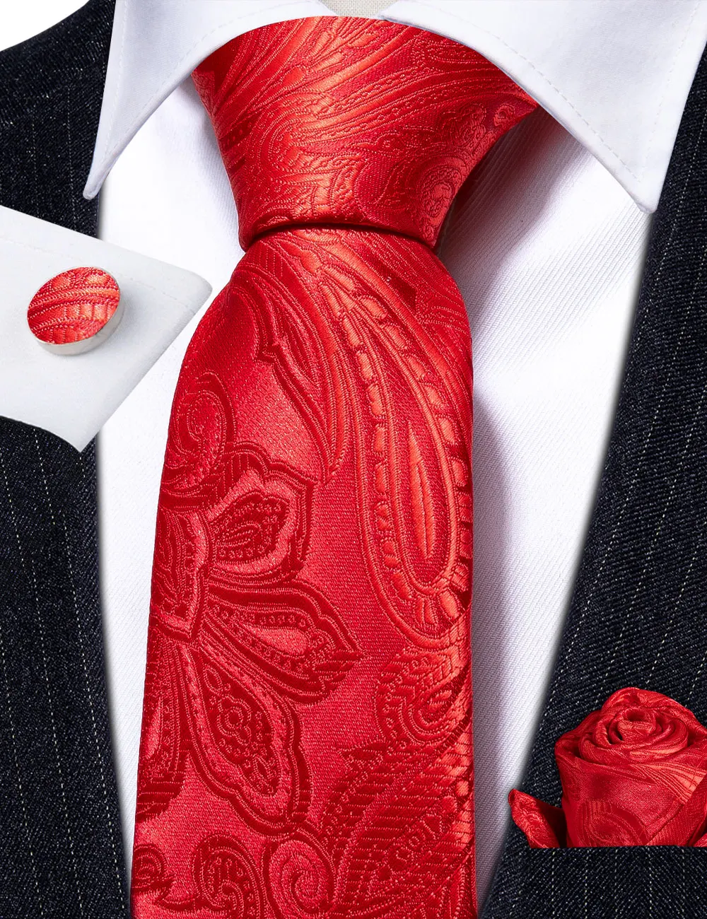 Fashion Men Tie Set Red Burgundy Solid Paisley Striped Plaid Floral Necktie Handkerchief Cufflinks Wedding silk Business