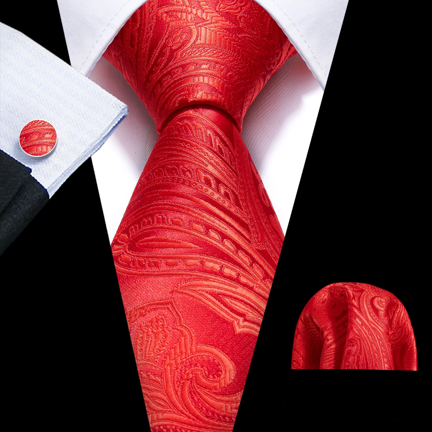 Fashion Men Tie Set Red Burgundy Solid Paisley Striped Plaid Floral Necktie Handkerchief Cufflinks Wedding silk Business