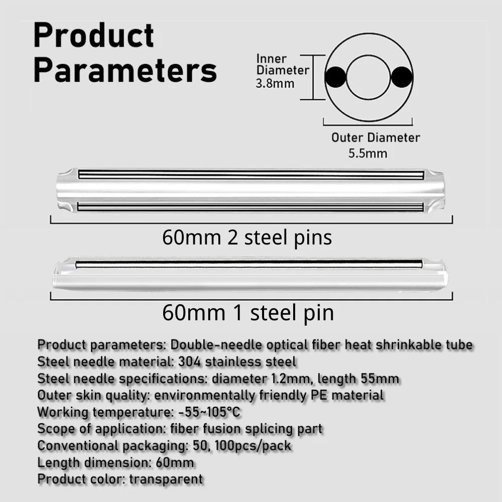 Heat Shrinkable Tube 40mm 45mm 60mm 1pin 2pin Smoove Fiber Optic Splice Protector Tubo Cable Heat Shrink Tube Protector Sleeves