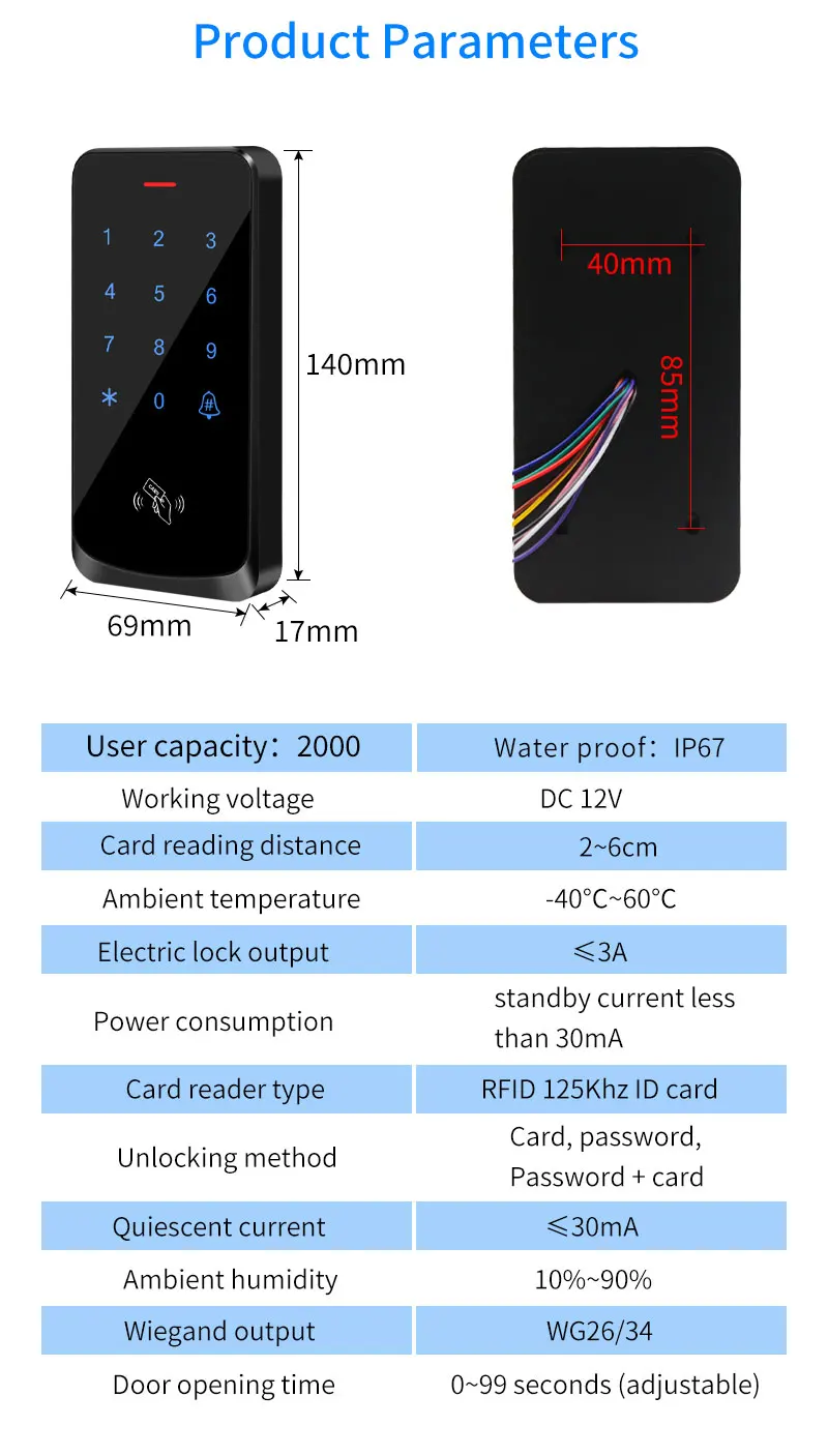 IP68 Waterproof Touch Backlight Access Control Keyboard RFID 125KHz EM Outdoor Access Keypad Door Lock Opener Wiegand Reader
