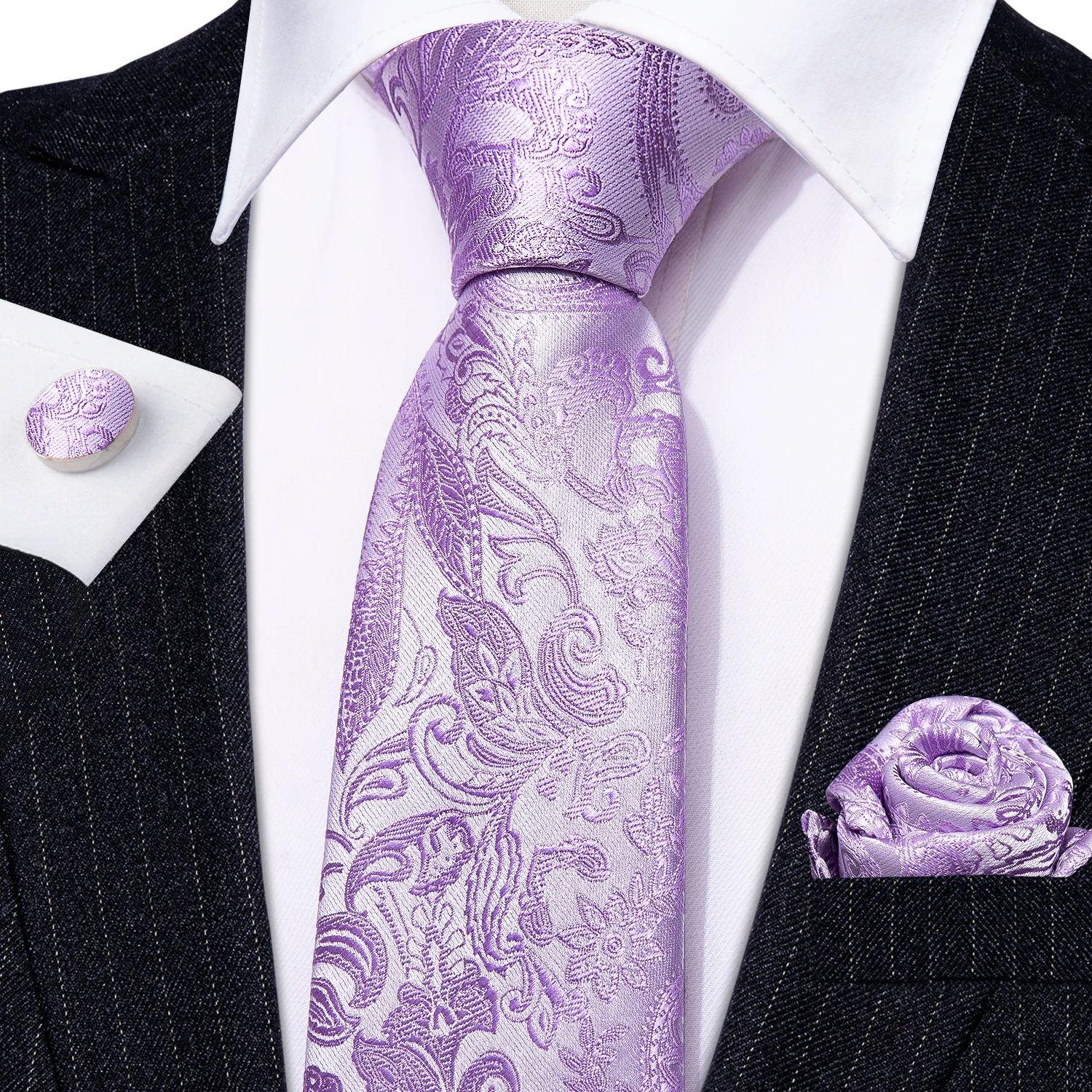 Male Gift Men Tie Set Purple Violet Solid Paisley Striped Wedding Business Tie for Man Necktie Handky Cufflinks Barry.Wang