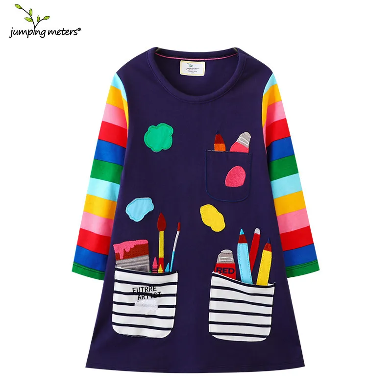 Jumping Meters 2-8T Hot Selling Children's School Dresses With Pockets Pen Embroidery Long Sleeve Autumn Kids Preppy Style Dress