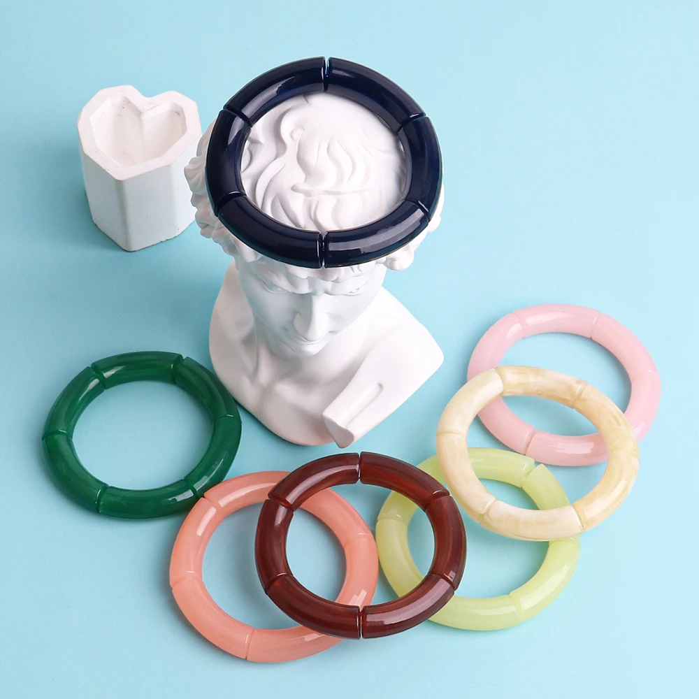 New Acrylic Jelly Color Bamboo Tube Beads Bracelets for Women Wristband Resin Stretched Ridged Elbow Bracelet Bangles Jewelry