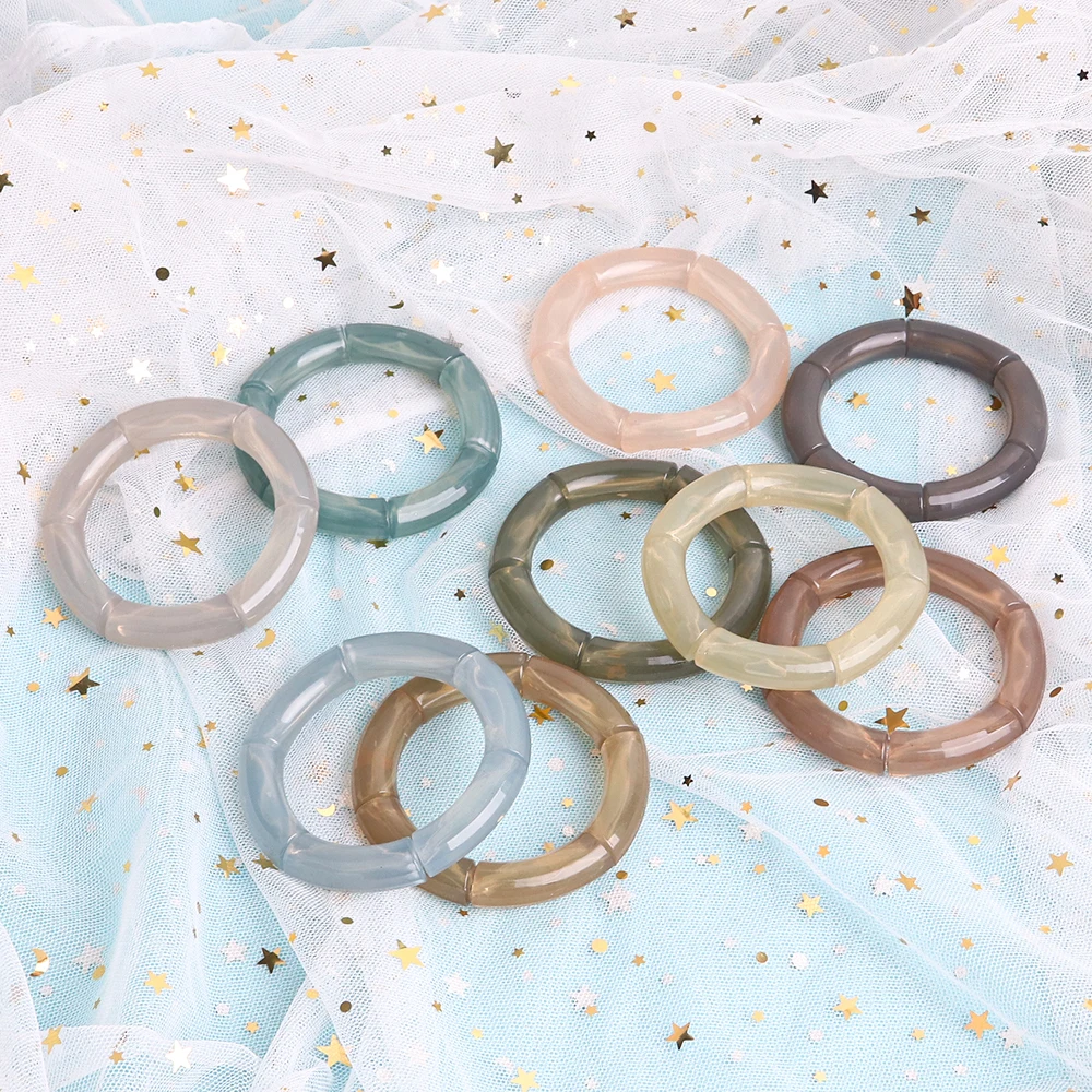 New Acrylic Jelly Color Bamboo Tube Beads Bracelets for Women Wristband Resin Stretched Ridged Elbow Bracelet Bangles Jewelry