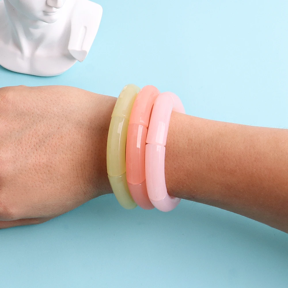 New Acrylic Jelly Color Bamboo Tube Beads Bracelets for Women Wristband Resin Stretched Ridged Elbow Bracelet Bangles Jewelry