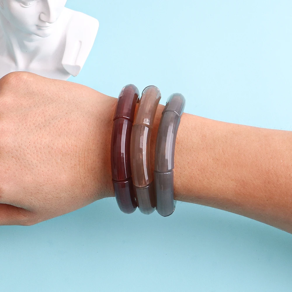 New Acrylic Jelly Color Bamboo Tube Beads Bracelets for Women Wristband Resin Stretched Ridged Elbow Bracelet Bangles Jewelry