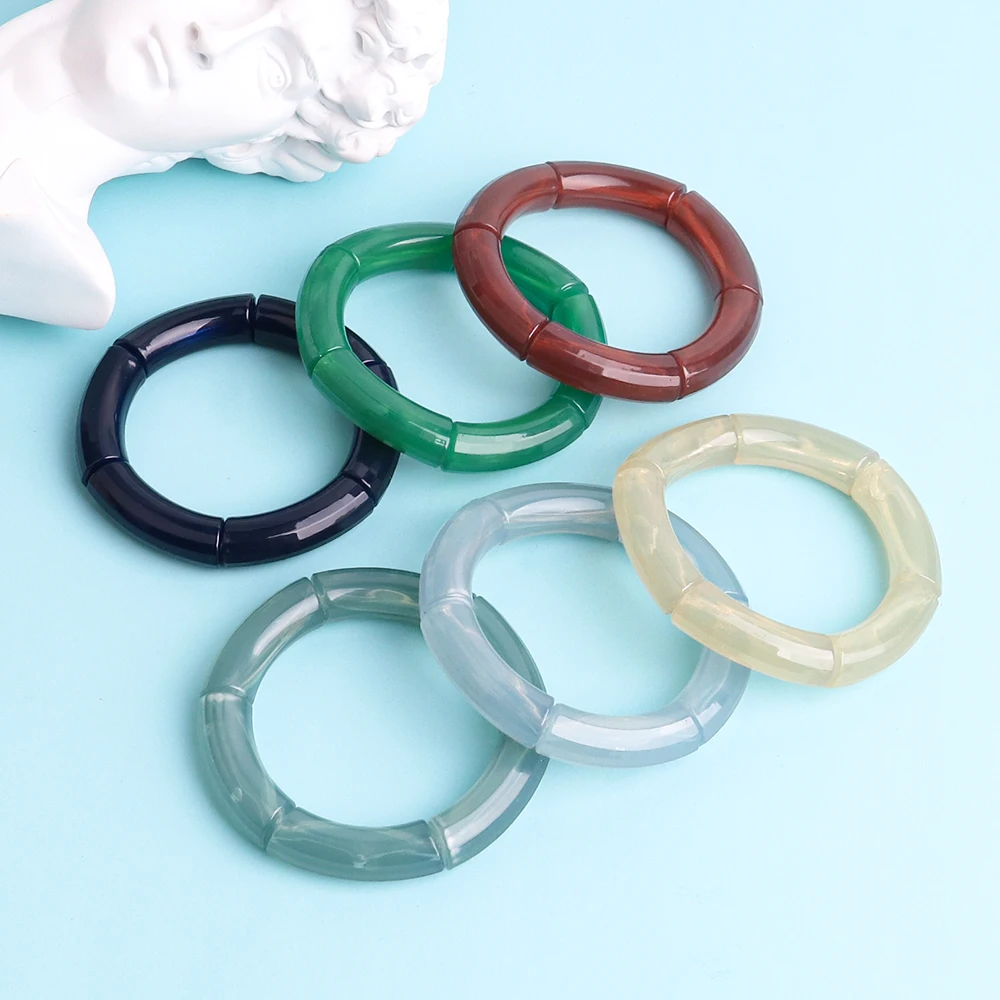 New Acrylic Jelly Color Bamboo Tube Beads Bracelets for Women Wristband Resin Stretched Ridged Elbow Bracelet Bangles Jewelry