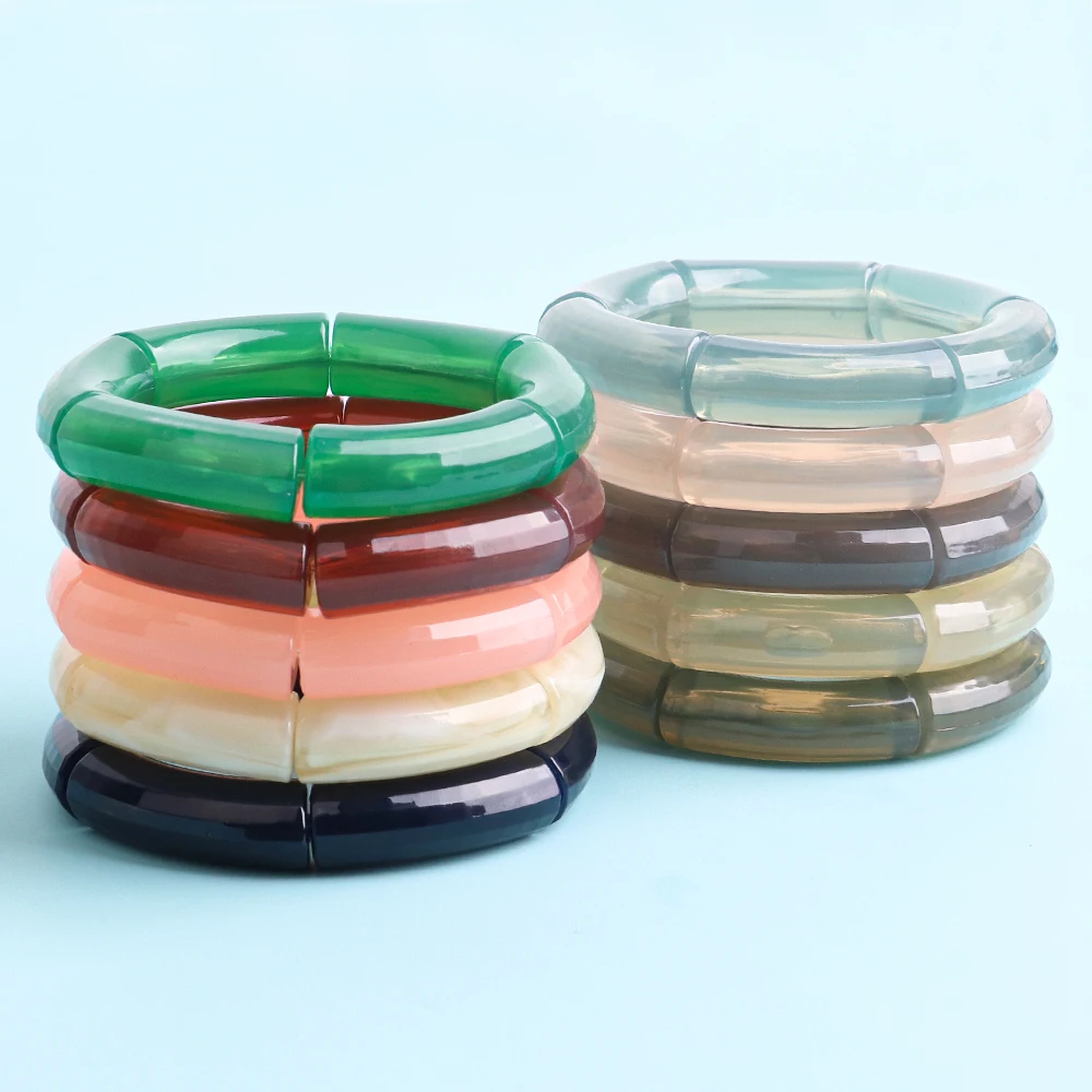 New Acrylic Jelly Color Bamboo Tube Beads Bracelets for Women Wristband Resin Stretched Ridged Elbow Bracelet Bangles Jewelry