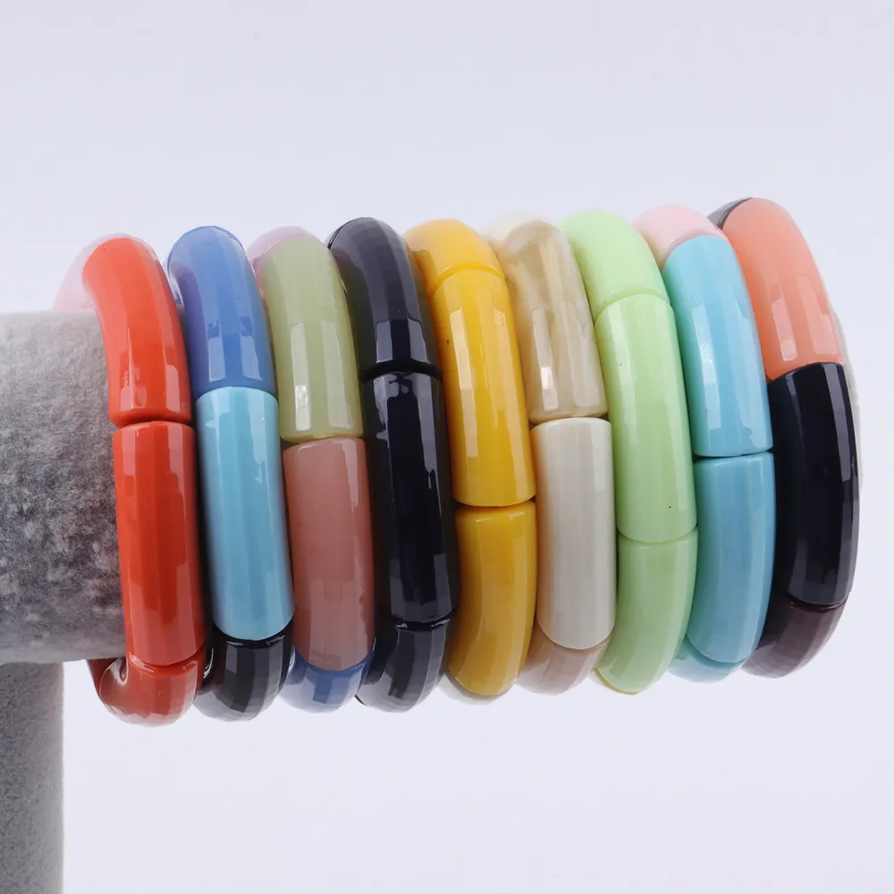 New Acrylic Jelly Color Bamboo Tube Beads Bracelets for Women Wristband Resin Stretched Ridged Elbow Bracelet Bangles Jewelry