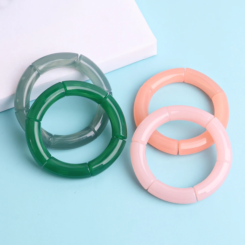 New Acrylic Jelly Color Bamboo Tube Beads Bracelets for Women Wristband Resin Stretched Ridged Elbow Bracelet Bangles Jewelry