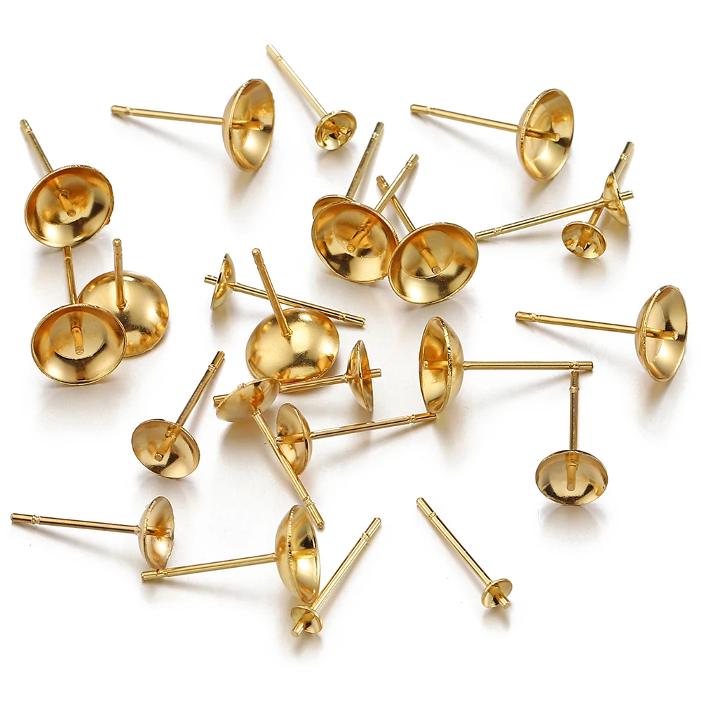 20pcs 3-8mm Gold Color Stainless Steel Ear Studs Earrings Earring Base for Pearl Ear Jewelry Making DIY Accessories Wholesale