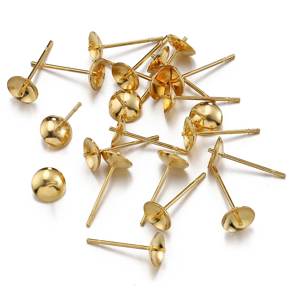 20pcs 3-8mm Gold Color Stainless Steel Ear Studs Earrings Earring Base for Pearl Ear Jewelry Making DIY Accessories Wholesale