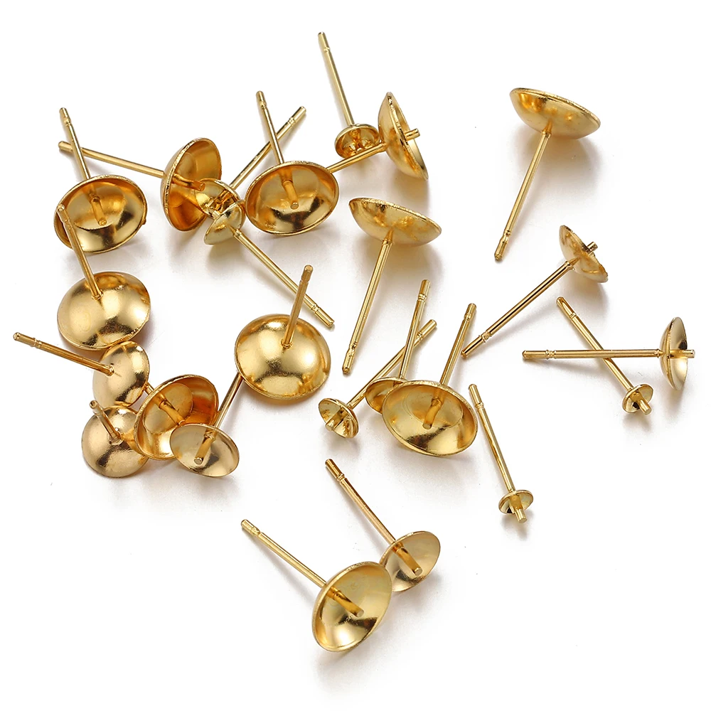 20pcs 3-8mm Gold Color Stainless Steel Ear Studs Earrings Earring Base for Pearl Ear Jewelry Making DIY Accessories Wholesale