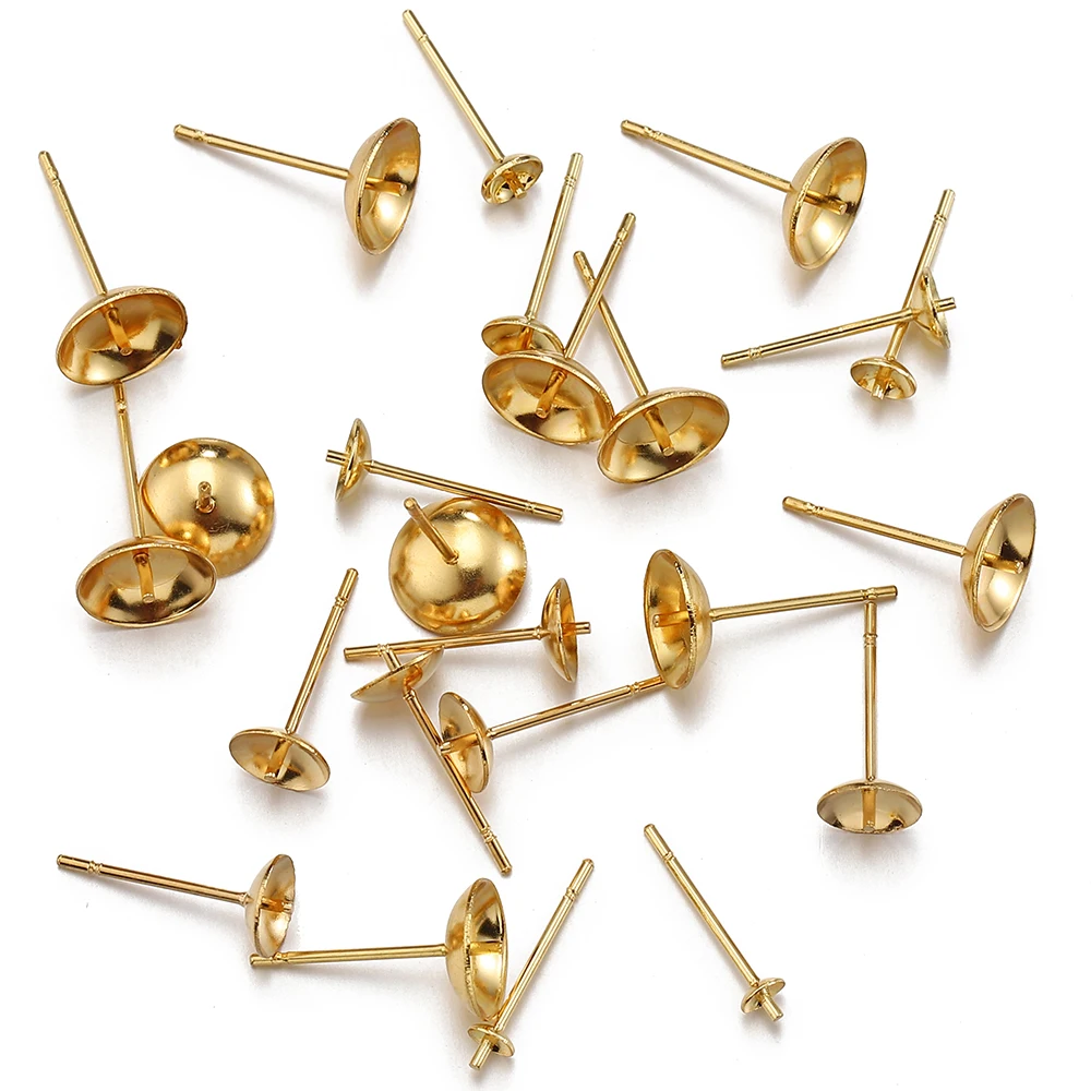 20pcs 3-8mm Gold Color Stainless Steel Ear Studs Earrings Earring Base for Pearl Ear Jewelry Making DIY Accessories Wholesale
