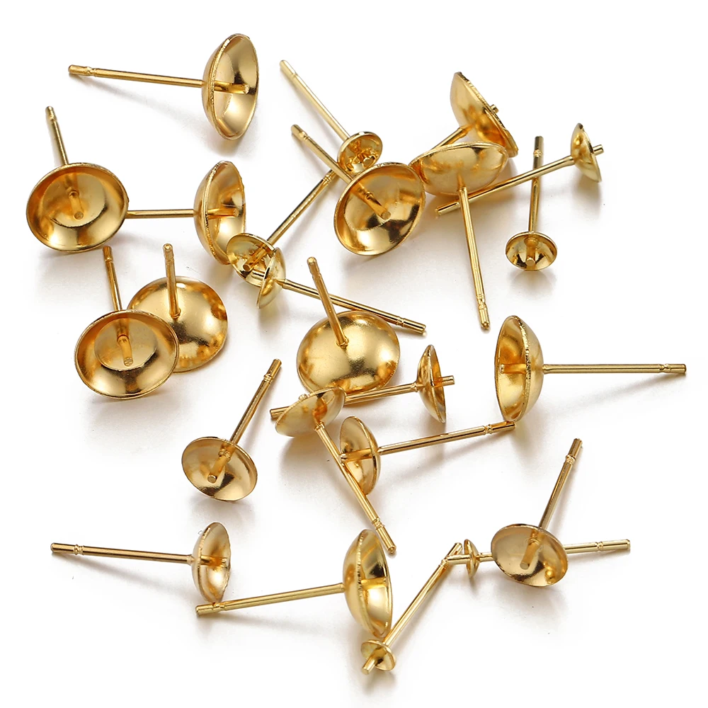 20pcs 3-8mm Gold Color Stainless Steel Ear Studs Earrings Earring Base for Pearl Ear Jewelry Making DIY Accessories Wholesale