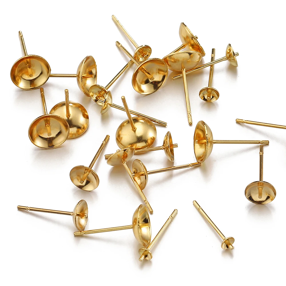 20pcs 3-8mm Gold Color Stainless Steel Ear Studs Earrings Earring Base for Pearl Ear Jewelry Making DIY Accessories Wholesale