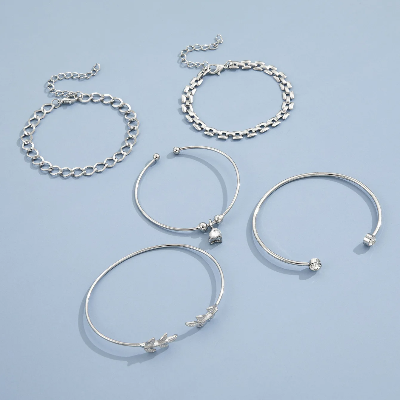 Bohemian Silver Color Geometric Link Chain Bracelet Set For Women Crystal Leaf Open Cuff Bangle Female Boho Jewelry Accessory