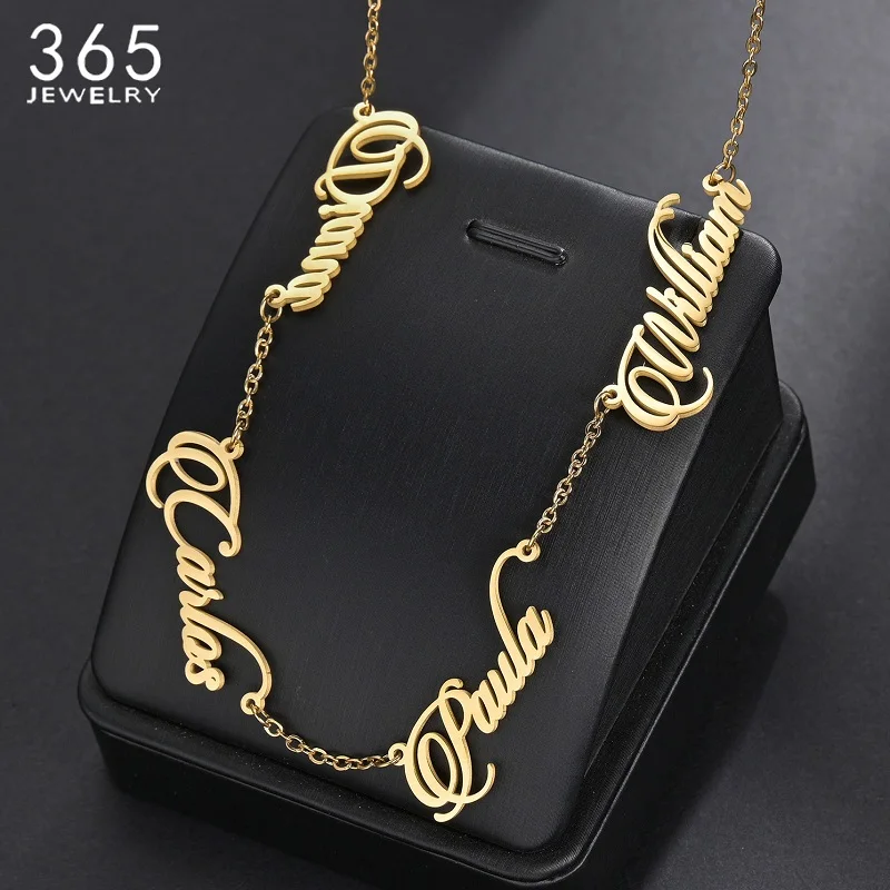 Trendy Custom Multiple Names Necklace Personalized Stainless Steel Chain 6 Nameplates Pendants Necklaces Fashion Party Gift