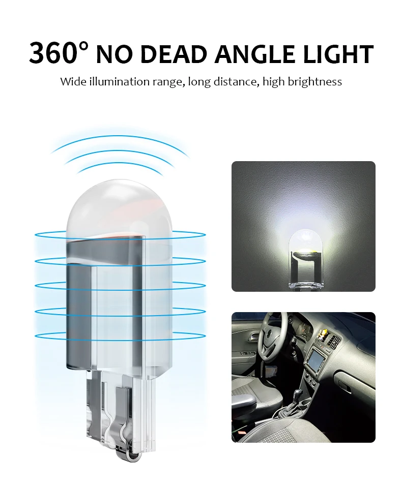 Guadsun 10X LED T10 W5W WY5W 168 194 W3W COB License Plate Light Glass Translucent Side 12V/24V White Door Bulb Instrument Lamp