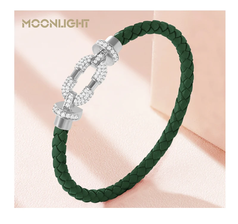 MOONLIGHT Women's Trendy Round Metal Brand Genuine Braided Leather Bracelet Cubic Zirconia Bracelet Female Jewelry Accessories