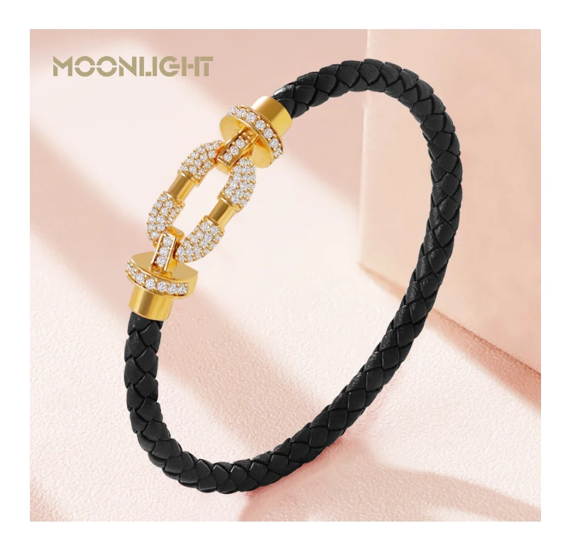 MOONLIGHT Women's Trendy Round Metal Brand Genuine Braided Leather Bracelet Cubic Zirconia Bracelet Female Jewelry Accessories