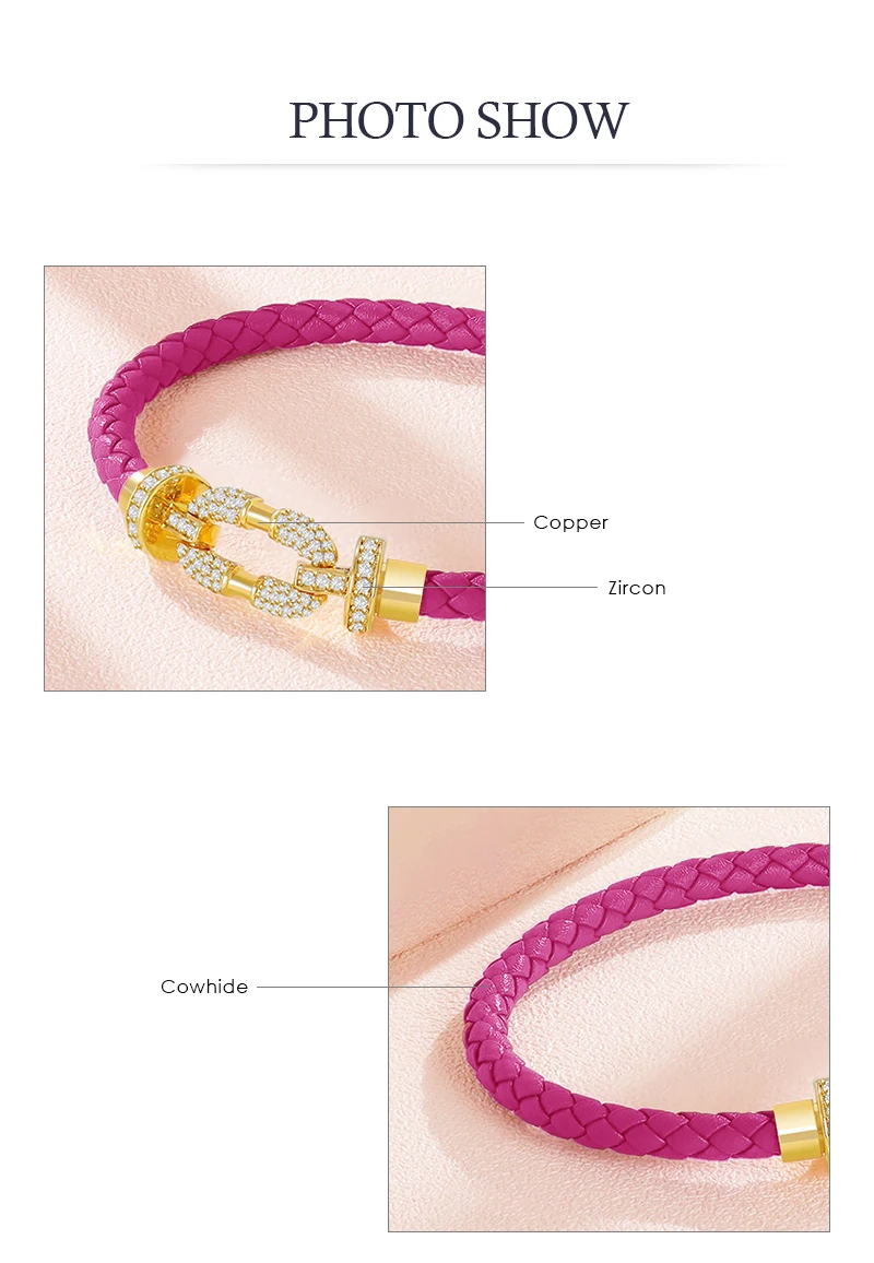 MOONLIGHT Women's Trendy Round Metal Brand Genuine Braided Leather Bracelet Cubic Zirconia Bracelet Female Jewelry Accessories
