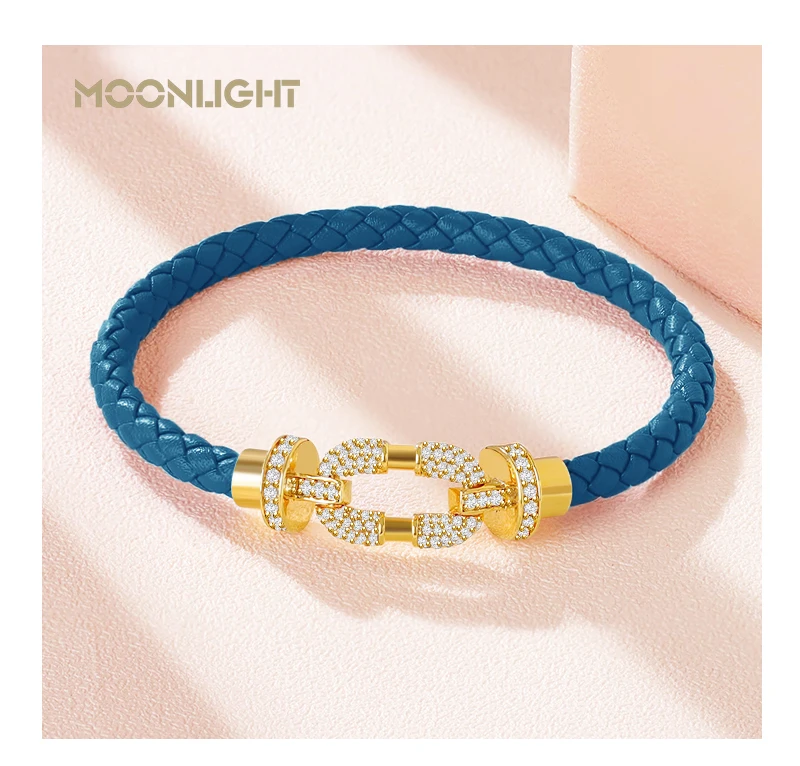 MOONLIGHT Women's Trendy Round Metal Brand Genuine Braided Leather Bracelet Cubic Zirconia Bracelet Female Jewelry Accessories