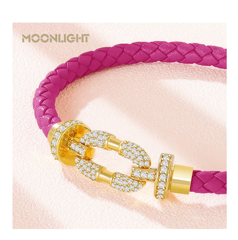MOONLIGHT Women's Trendy Round Metal Brand Genuine Braided Leather Bracelet Cubic Zirconia Bracelet Female Jewelry Accessories