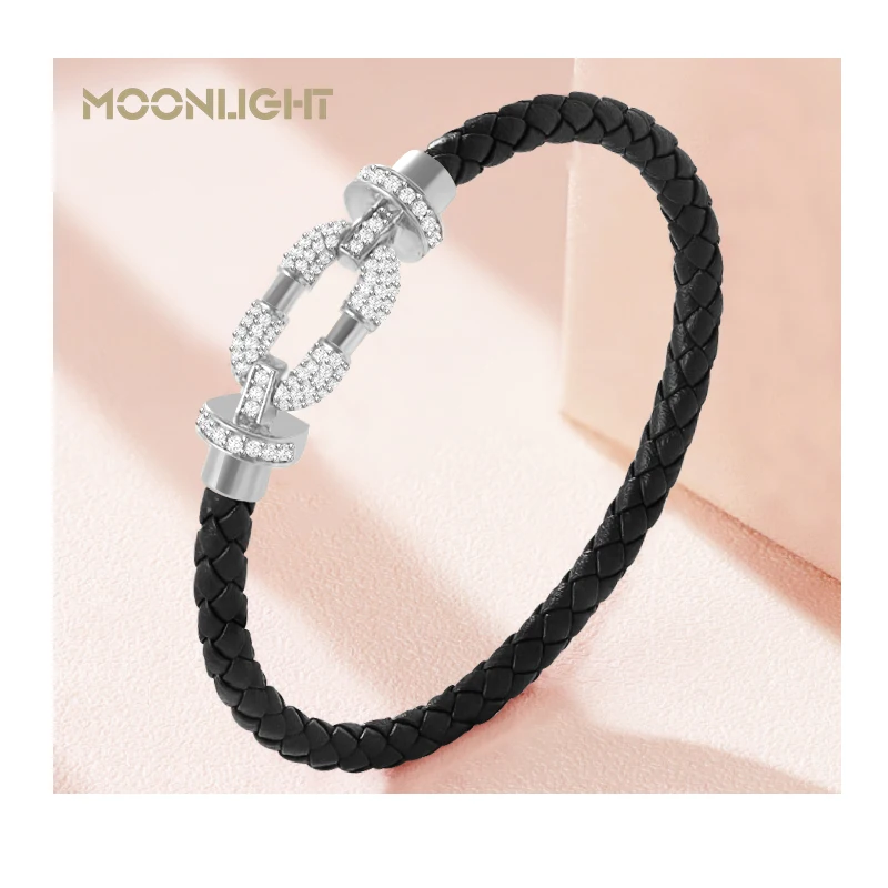 MOONLIGHT Women's Trendy Round Metal Brand Genuine Braided Leather Bracelet Cubic Zirconia Bracelet Female Jewelry Accessories